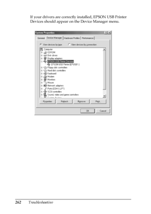 Page 262262TroubleshootingIf your drivers are correctly installed, EPSON USB Printer 
Devices should appear on the Device Manager menu.
 