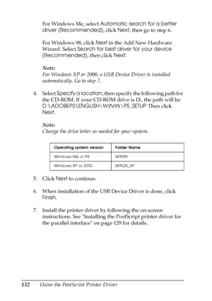 Page 132132Using the PostScript Printer DriverFor Windows Me, select Automatic search for a better 
driver (Recommended), click Next, then go to step 6.
For Windows 98, click Next in the Add New Hardware 
Wizard. Select Search for best driver for your device 
(Recommended), then click Next.
Note:
For Windows XP or 2000, a USB Device Driver is installed 
automatically. Go to step 7.
4. Select Specify a location, then specify the following path for 
the CD-ROM. If your CD-ROM drive is D:, the path will be...