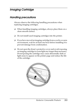 Page 213Replacing Consumable Products213
9
9
9
9
9
9
9
9
9
9
9
9
Imaging Cartridge
Handling precautions
Always observe the following handling precautions when 
replacing imaging cartridges.
❏When handling imaging cartridges, always place them on a 
clean smooth surface.
❏Do not install used imaging cartridges into the printer.
❏If you have moved an imaging cartridge from a cool to a warm 
environment, wait for at least one hour before installing it to 
prevent damage from condensation.
❏Do not open the drum’s...