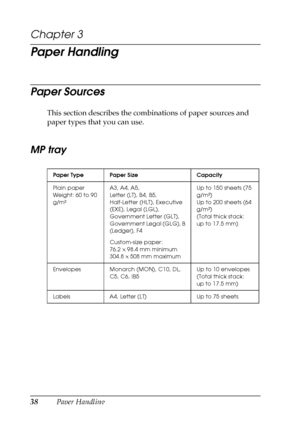 Page 3838Paper Handling
Chapter 3 
Paper Handling
Paper Sources
This section describes the combinations of paper sources and 
paper types that you can use.
MP tray
Paper Type Paper Size Capacity
Plain paper
Weight: 60 to 90 
g/m²A3, A4, A5,
Letter (LT), B4, B5,
Half-Letter (HLT), Executive 
(EXE), Legal (LGL),
Government Letter (GLT), 
Government Legal (GLG), B 
(Ledger), F4
Custom-size paper:
76.2 × 98.4 mm minimum
304.8 × 508 mm maximumUp to 150 sheets (75 
g/m²)
Up to 200 sheets (64 
g/m²)
(Total thick...
