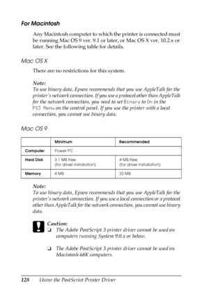 Page 128128Using the PostScript Printer Driver
For Macintosh
Any Macintosh computer to which the printer is connected must 
be running Mac OS 9 ver. 9.1 or later, or Mac OS X ver. 10.2.x or 
later. See the following table for details.
Mac OS X
There are no restrictions for this system.
Note:
To use binary data, Epson recommends that you use AppleTalk for the 
printer’s network connection. If you use a protocol other than AppleTalk 
for the network connection, you need to set Binary to On in the 
PS3 Menu on the...