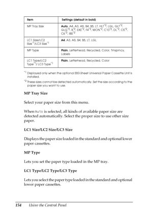 Page 154154Using the Control Panel
*1Displayed only when the optional 550-Sheet Universal Paper Cassette Unit is 
installed.
*2These sizes cannot be detected automatically. Set the size according to the 
paper size you want to use.
MP Tray Size
Select your paper size from this menu.
When Auto is selected, all kinds of available paper size are 
detected automatically. Select the proper size to use other size 
paper.
LC1 Size/LC2 Size/LC3 Size
Displays the paper size loaded in the standard and optional lower...