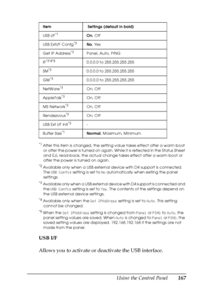 Page 167Using the Control Panel167
7
7
7
7
7
7
7
7
7
7
7
7
*1After this item is changed, the setting value takes effect after a warm boot 
or after the power is turned on again. While it is reflected in the Status Sheet 
and EJL read-back, the actual change takes effect after a warm boot or 
after the power is turned on again.
*2Available only when a USB external device with D4 support is connected. 
The USB Config setting is set to No automatically when exiting the panel 
settings.
*3Available only when a USB...