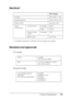 Page 281Technical Specifications281
B
B
B
B
B
B
B
B
B
B
B
B
Electrical
* Completely suspended. Compliant with the Energy Star program.
Standard and approvals
U.S. model:
European model:
220 V Model 
Voltage 220 V-240 V ± 10%
Rated frequency 50 Hz / 60 Hz ± 3 Hz
Rated current Less than 5.5 A
Power 
consumptionDuring printing Average 500 W
MAX 970 W
During standby 
modeAverage 85 W
Sleep mode* Up to 9 W
Safety UL 60950
CSA C22.2 No. 60950
EMC FCC Part 15 Subpart B Class B
CSA C108.8 Class B
Low Voltage Directive...