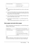 Page 55Paper Handling55
3
3
3
3
3
3
3
3
3
3
3
3
Note:
❏You should only use labels designed for laser printers or plain-paper 
copiers.
❏To prevent the label adhesive from coming into contact with printer 
parts, always use labels that completely cover the backing sheet, with 
no gaps between the individual labels.
❏Press a sheet of paper on top of each sheet of labels. If the paper sticks, 
do not use those labels in your printer.
❏You may have to make the setting Thick* for Paper Type in the 
Setup Menu.
*...