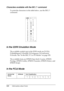 Page 328328Information about Fonts
Characters available with the ESC (^ command
To print the characters in the table below, use the ESC (^ 
command.
In the I239X Emulation Mode
The available symbol sets in the I239X mode are PcUSA, 
PcMultilingual, PcEur858, PcPortuguese, PcCanFrench, 
PcNordic. See In the ESC/P 2 or FX Modes on page 325.
The available fonts are EPSON Sans Serif, Courier, EPSON 
Prestige, EPSON Gothic, EPSON Presentor, EPSON Orator, and 
EPSON Script.
In the PCL6 Mode
Symbol Set 
NameAttribute...