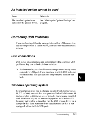 Page 298Troubleshooting285
9
9
9
9
9
9
9
9
9
9
9
9
An installed option cannot be used
Correcting USB Problems
If you are having difficulty using printer with a USB connection, 
see if your problem is listed below, and take any recommended 
actions.
USB connections
USB cables or connections can sometimes be the source of USB 
problems. Try one or both of these solution:
❏For best results, you should connect the printer directly to the 
computer’s USB port. If you must use multiple USB hubs, we 
recommended that...