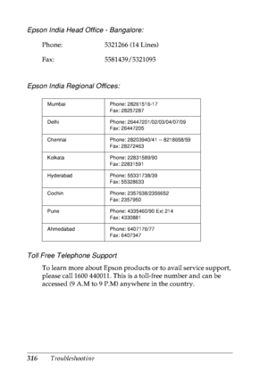 Page 329316Troubleshooting
Epson India Head Office - Bangalore:
Epson India Regional Offices:
Toll Free Telephone Support
To learn more about Epson products or to avail service support, 
please call 1600 440011. This is a toll-free number and can be 
accessed (9 A.M to 9 P.M) anywhere in the country. Phone: 5321266 (14 Lines)
Fax: 5581439/5321095
Mumbai Phone: 28261516-17
Fax: 28257287
Delhi Phone: 26447201/02/03/04/07/09
Fax: 26447205
Chennai Phone: 28203940/41 -- 8218658/59
Fax: 28272463
Kolkata Phone:...