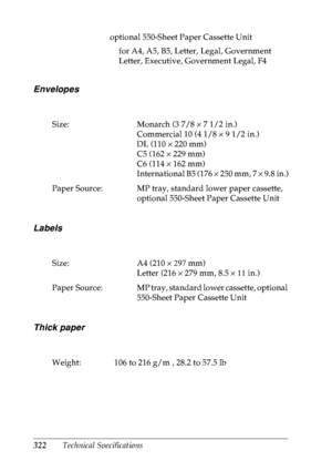 Page 335322Technical Specifications
Envelopes
Labels
Thick paper
optional 550-Sheet Paper Cassette Unit
for A4, A5, B5, Letter, Legal, Government 
Letter, Executive, Government Legal, F4
Size: Monarch (3 7/8 × 7 1/2 in.)
Commercial 10 (4 1/8 × 9 1/2 in.)
DL (110 × 220 mm)
C5 (162 × 229 mm)
C6 (114 × 162 mm)
International B5 (176 × 250 mm, 7 × 9.8 in.)
Paper Source: MP tray, standard lower paper cassette, 
optional 550-Sheet Paper Cassette Unit
Size: A4 (210 × 297 mm)
Letter (216 × 279 mm, 8.5 × 11 in.)
Paper...