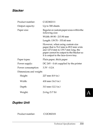 Page 344Technical Specifications331
A
A
A
A
A
A
A
A
A
A
A
A
Stacker
Duplex Unit
Product number: C12C802111
Output capacity: Up to 500 sheets
Paper  size: Regular or custom paper sizes within the 
following size:
Width: 89.90 - 215.90 mm
Length: 139.70 - 355.60 mm
However, when using custom size 
paper that is 76.2 mm to 89.9 mm wide 
and 127.0 mm to 139.7 mm long, the 
paper cannot be output to the Stacker so 
it is output to the face-down tray.
Paper types: Plain paper, thick paper
Power supply: DC 24V - 0.4A...