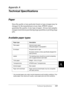 Page 332Technical Specifications319
A
A
A
A
A
A
A
A
A
A
A
A
Appendix A
Technical Specifications
Paper
Since the quality of any particular brand or type of paper may be 
changed by the manufacturer at any time, EPSON cannot 
guarantee the quality of any type of paper. Always test samples 
of paper stock before purchasing large quantities or printing large 
jobs.
Available paper types
* Use recycled paper only under normal temperature and humidity conditions. Poor 
quality paper may reduce print quality, cause...