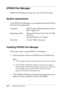 Page 397384Working with Fonts
EPSON Font Manager
EPSON Font Manager provides you with 131 software fonts.
System requirements
To use EPSON Font Manager, your computer system should meet 
the following requirements:
Installing EPSON Font Manager
Follow these steps to install EPSON Font Manager.
1. Insert the printer software CD-ROM in the CD-ROM drive.
Note:
❏If the language selection window appears, select your country.
❏If the EPSON Installation Program screen does not appear 
automatically, double-click the My...