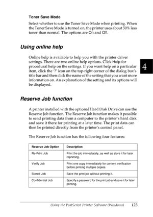 Page 136Using the PostScript Printer Software (Windows)123
4
4
4
4
4
4
4
4
4
4
4
4
Toner Save Mode
Select whether to use the Toner Save Mode when printing. When 
the Toner Save Mode is turned on, the printer uses about 50% less 
toner than normal. The options are On and Off.
Using online help
Online help is available to help you with the printer driver 
settings. There are two online help options. Click Help for 
procedural help on the settings. If you want help on a particular 
item, click the ‘?’ icon on the...