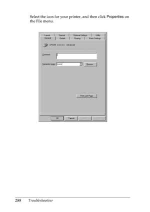 Page 301288TroubleshootingSelect the icon for your printer, and then click Properties on 
the File menu.
 