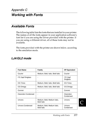 Page 390Working with Fonts377
C
C
C
C
C
C
C
C
C
C
C
C
Appendix C
Working with Fonts
Available Fonts
The following table lists the fonts that are installed in your printer. 
The names of all the fonts appear in your application software’s 
font list if you are using the driver provided with the printer. If 
you are using a different driver, all of these fonts may not be 
available.
The fonts provided with the printer are shown below, according 
to the emulation mode.
LJ4/GL2 mode
Font Name Family HP Equivalent...