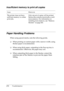 Page 285272Troubleshooting
Insufficient memory to print all copies
Paper Handling Problems
When using special media, note the following points.
❏When printing on custom paper with a narrow width, using 
thicker paper is recommended.
❏When using thick paper, outputting to the Face-up tray is 
recommended. Otherwise, the paper may curl.
❏When outputting thick paper to the Stacker, extend the 
retortion part of the Stacker to prevent the paper from 
falling.
Cause What to do
The printer does not have 
sufficient...