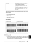 Page 412Working with Fonts399
C
C
C
C
C
C
C
C
C
C
C
C
The following codes are inserted automatically and need not be 
input by hand:
❏Left/Right quiet zone
❏Check digit
❏Start/Stop character
Print sample
EPSON Code128
❏Code128 fonts support code sets A, B, and C. When the code 
set of a line of characters is changed in the middle of the line, 
a conversion code is automatically inserted.
Font size When OCR-B is not used: 26 pt or more (up 
to 96 pt in Windows XP/2000/NT).
Recommended sizes are 26 pt, 52 pt, 78...