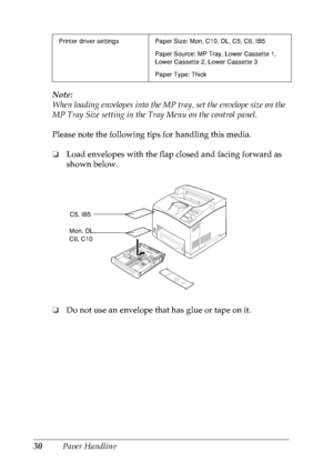 Page 4330Paper Handling Note:
When loading envelopes into the MP tray, set the envelope size on the 
MP Tray Size setting in the Tray Menu on the control panel.
Please note the following tips for handling this media.
❏Load envelopes with the flap closed and facing forward as 
shown below.
❏Do not use an envelope that has glue or tape on it.
Printer driver settings Paper Size: Mon, C10, DL, C5, C6, IB5
Paper Source: MP Tray, Lower Cassette 1, 
Lower Cassette 2, Lower Cassette 3
Paper Type: Thick
C5, IB5
Mon, DL,...