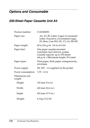 Page 343330Technical Specifications
Options and Consumable
550-Sheet Paper Cassette Unit A4
Product number: C12C802091
Paper size: A4, A5, B5, Letter, Legal, Government 
Letter, Executive, Government Legal, 
F4, Mon, Com #10, DL, C5, C6, ISO-B5
Paper weight: 60 to 216 g/m² (16 to 43.4 lb)
Paper feed: One paper cassette mounted
Automatic feed delivery system
Cassette capacity up to 550 sheets 
(64 g/m²) (Maximum height: 59.4 mm)
Paper types: Plain paper, thick paper, transparencies, 
envelopes
Power supply: DC...