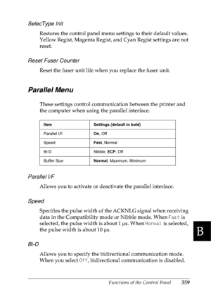 Page 372Functions of the Control Panel359
B
B
B
B
B
B
B
B
B
B
B
B
SelecType Init
Restores the control panel menu settings to their default values. 
Yellow Regist, Magenta Regist, and Cyan Regist settings are not 
reset.
Reset Fuser Counter
Reset the fuser unit life when you replace the fuser unit.
Parallel Menu
These settings control communication between the printer and 
the computer when using the parallel interface.
Parallel I/F
Allows you to activate or deactivate the parallel interface.
Speed
Specifies the...