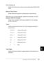 Page 360Functions of the Control Panel347
B
B
B
B
B
B
B
B
B
B
B
B
Form Overlay List
Prints a list of the form overlays stored in the optional Hard Disk 
Drive.
Network Status Sheet 
Prints a sheet showing the working status of the network.
PS3 Font List, LJ4 Font Sample, ESCP2 Font Sample, FX Font 
Sample, I239X Font Sample
Prints a list or sample of the fonts available for your selected 
printer emulation.
Toner
Displays the amount of toner left in the imaging cartridge as 
shown below:
Total Pages
Displays the...