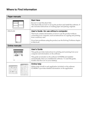 Page 2Where to Find Information
Paper manuals
Start Here
Be sure to read this sheet first.
This sheet tells you how to set up the product and install the software. It 
also includes instructions on loading paper and placing originals.
(this book)
Users Guide -for use without a computer-
This book contains information on how to use the product without 
connecting your computer, such as instructions on copying and printing 
from a memory card.
If you have problems using the product, see the Solving Problems...