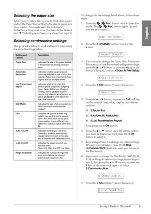 Page 11Faxing a Photo or Document9
English
Selecting the paper size
Before you receive a fax, be sure to load plain paper 
and set the Paper Size setting to the size of paper you 
have loaded. Also make sure the Automatic 
Reduction setting is set to receive faxes in the desired 
size (&“Selecting send/receive settings” on page 9).
Selecting send/receive settings
This product is set up to send and receive faxes using 
the default settings below.To change the fax settings listed above, follow these 
steps:
1....