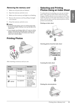 Page 23Printing from a Memory Card21
English
Removing the memory card
1. Make sure all print jobs are finished.
2. Open the memory card slot cover.
3. Make sure the memory card light is not flashing.
4. Remove the memory card by pulling it straight 
out of its slot.
5. Close the memory card slot cover.
cCaution:
❏Do not remove the memory card or turn off the product while 
the memory card light is flashing, or you may lose data on the 
memory card.
❏If your computer uses Windows 2000 or XP, never turn off the...