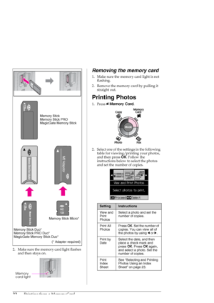 Page 2222Printing from a Memory Card
2. Make sure the memory card light flashes 
and then stays on.
Removing the memory card
1. Make sure the memory card light is not 
flashing.
2. Remove the memory card by pulling it 
straight out.
Printing Photos
1. Press CMemory Card.
2. Select one of the settings in the following 
table for viewing/printing your photos, 
and then press OK. Follow the 
instructions below to select the photos 
and set the number of copies.
Memory Stick
Memory Stick PRO
MagicGate Memory Stick...