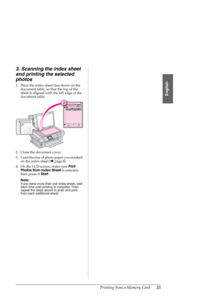 Page 25Printing from a Memory Card25
English
3. Scanning the index sheet 
and printing the selected 
photos
1. Place the index sheet face-down on the 
document table, so that the top of the 
sheet is aligned with the left edge of the 
document table.
2. Close the document cover.
3. Load the size of photo paper you marked 
on the index sheet (&page 8).
4. On the LCD screen, make sure Print 
Photos from Index Sheet is selected, 
then press xStart.
Note:
If you have more than one index sheet, wait 
each time until...