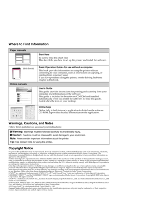 Page 2Where to Find Information
Warnings, Cautions, and Notes
Follow these guidelines as you read your instructions:
Copyright Notice
No part of this publication may be reproduced, stored in a retrieval system, or transmitted in any form or by any means, electronic, 
mechanical, photocopying, recording, or otherwise, without the prior written permission of Seiko Epson Corporation. The 
information contained herein is designed only for use with this product. Epson is not responsible for any use of this...