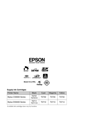 Page 28Supply Ink Cartridges
Available ink cartridge sizes vary by location.
Printer NameBlackCyanMagentaYellow
Stylus CX8300 SeriesT0731
T0731HT0732 T0733 T0734
Stylus DX8400 SeriesT0711
T0711HT0712 T0713 T0714
 