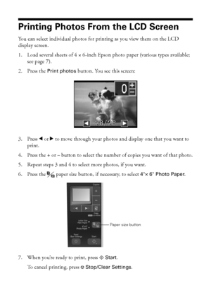 Page 1414Printing From a Memory Card
Printing Photos From the LCD Screen
You can select individual photos for printing as you view them on the LCD 
display screen.
1. Load several sheets of 4 × 6-inch Epson photo paper (various types available; 
see page 7).
2. Press the Print photos button. You see this screen:
3. Press lorrto move through your photos and display one that you want to 
print.
4. Press the + or – button to select the number of copies you want of that photo.
5. Repeat steps 3 and 4 to select more...