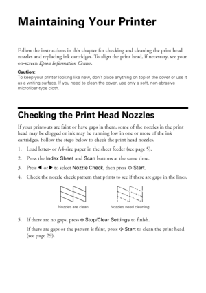 Page 2828Maintaining Your Printer
Maintaining Your Printer
Follow the instructions in this chapter for checking and cleaning the print head 
nozzles and replacing ink cartridges. To align the print head, if necessary, see your 
on-screen Epson Information Center.
Caution: 
To keep your printer looking like new, don’t place anything on top of the cover or use it 
as a writing surface. If you need to clean the cover, use only a soft, non-abrasive 
microfiber-type cloth.
Checking the Print Head Nozzles
If your...