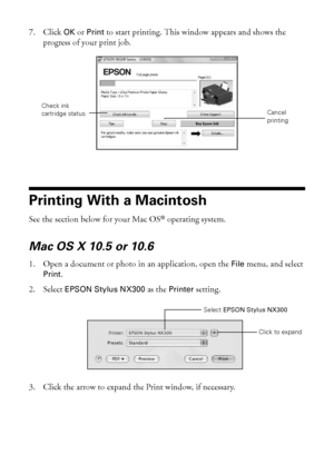 Page 2626Printing From Your Computer
7. Click OK or Print to start printing. This window appears and shows the 
progress of your print job.
Printing With a Macintosh
See the section below for your Mac OS® operating system.
Mac OS X 10.5 or 10.6
1. Open a document or photo in an application, open the File menu, and select 
Print.
2. Select EPSON Stylus NX300 as the Printer setting.
3. Click the arrow to expand the Print window, if necessary.
Cancel printing
Check ink cartridge status
Click to expand
Select EPSON...