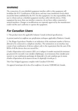 Page 5252Notices
WARNING 
The connection of a non-shielded equipment interface cable to this equipment will 
invalidate the FCC Certification of this device and may cause interference levels which 
exceed the limits established by the FCC for this equipment. It is the responsibility of the 
user to obtain and use a shielded equipment interface cable with this device. If this 
equipment has more than one interface connector, do not leave cables connected to 
unused interfaces. Changes or modifications not...