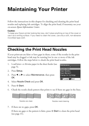 Page 3030Maintaining Your Printer
Maintaining Your Printer
Follow the instructions in this chapter for checking and cleaning the print head 
nozzles and replacing ink cartridges. To align the print head, if necessary, see your 
on-screen Epson Information Center.
Caution: 
To keep your Epson printer looking like new, don’t place anything on top of the cover or 
use it as a writing surface. If you need to clean the cover, use only a soft, non-abrasive 
microfiber-type cloth.
Checking the Print Head Nozzles
If...