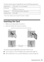 Page 15Inserting the Card15
Your Epson printer supports image files that meet the following requirements:
* DCF is the “Design rule for Camera File system” standard
Inserting the Card
1. Make sure your Epson printer is turned on. 
2. Insert your card into the correct slot as shown:
The memory card access light flashes, then stays lit. Now you can:
■View your photos on the LCD display screen and print them (page 16)
■Print an index sheet so you can select which photos to print (see page 18)
Media format DCF...