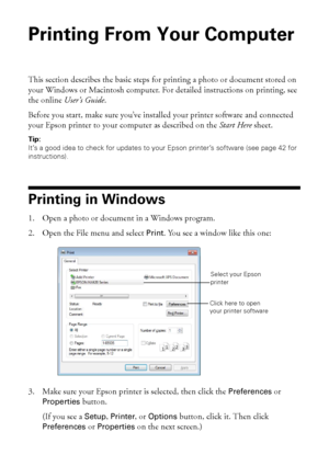 Page 2626Printing From Your Computer
Printing From Your Computer
This section describes the basic steps for printing a photo or document stored on 
your Windows or Macintosh computer. For detailed instructions on printing, see 
the online User’s Guide.
Before you start, make sure you’ve installed your printer software and connected 
your Epson printer to your computer as described on the Start Here sheet. 
Tip: 
It’s a good idea to check for updates to your Epson printer’s software (see page 42 for...