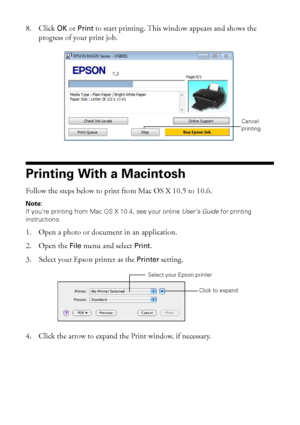 Page 2828Printing From Your Computer
8. Click OK or Print to start printing. This window appears and shows the 
progress of your print job.
Printing With a Macintosh
Follow the steps below to print from Mac OS X 10.5 to 10.6.
Note: 
If you’re printing from Mac OS X 10.4, see your online User’s Guide for printing 
instructions. 
1. Open a photo or document in an application.
2. Open the 
File menu and select Print.
3. Select your Epson printer as the 
Printer setting.
4. Click the arrow to expand the Print...