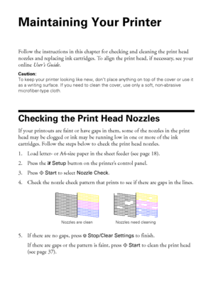 Page 3636Maintaining Your Printer
Maintaining Your Printer
Follow the instructions in this chapter for checking and cleaning the print head 
nozzles and replacing ink cartridges. To align the print head, if necessary, see your 
online User’s Guide.
Caution: 
To keep your printer looking like new, don’t place anything on top of the cover or use it 
as a writing surface. If you need to clean the cover, use only a soft, non-abrasive 
microfiber-type cloth.
Checking the Print Head Nozzles
If your printouts are...