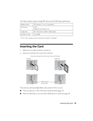 Page 15Inserting the Card15 Your Epson printer supports image files that meet the following requirements:
* DCF is the “Design rule for Camera File system” standard
Inserting the Card
1. Make sure your Epson printer is turned on.
2. Insert your card into the correct slot as shown:
The memory card access light flashes, then stays lit. Now you can:
■View your photos on the LCD screen and print them (page 16)
■Print an index sheet so you can select which photos to print (see page 18)
Media format DCF version 1.0...