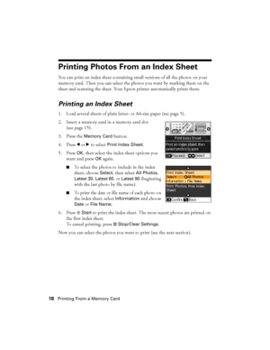 Page 1818Printing From a Memory Card
Printing Photos From an Index Sheet
You can print an index sheet containing small versions of all the photos on your 
memory card. Then you can select the photos you want by marking them on the 
sheet and scanning the sheet. Your Epson printer automatically prints them. 
Printing an Index Sheet
1. Load several sheets of plain letter- or A4-size paper (see page 5).
2. Insert a memory card in a memory card slot 
(see page 15).
3. Press the 
Memory Card button.
4. Press lorrto...