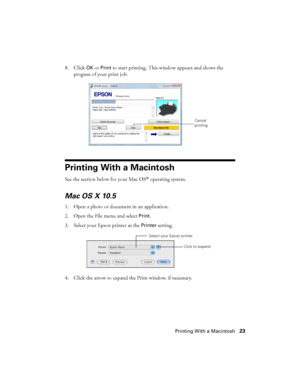 Page 23Printing With a Macintosh23 8. Click 
OK or Print to start printing. This window appears and shows the 
progress of your print job.
Printing With a Macintosh
See the section below for your Mac OS® operating system.
Mac OS X 10.5
1. Open a photo or document in an application.
2. Open the File menu and select 
Print.
3. Select your Epson printer as the 
Printer setting.
4. Click the arrow to expand the Print window, if necessary.
Cancel 
printing
Click to expand
Select your Epson printer
 