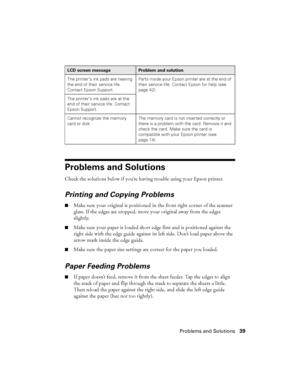 Page 39Problems and Solutions39
Problems and Solutions
Check the solutions below if you’re having trouble using your Epson printer.
Printing and Copying Problems
■Make sure your original is positioned in the front right corner of the scanner 
glass. If the edges are cropped, move your original away from the edges 
slightly.
■Make sure your paper is loaded short edge first and is positioned against the 
right side with the edge guide against its left side. Don’t load paper above the 
arrow mark inside the edge...