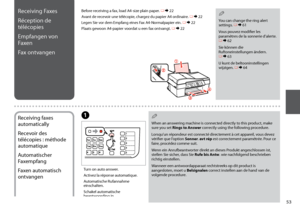 Page 53
Turn on auto answer.
Activez la réponse automatique.
Automatische Rufannahme 
einschalten.
Schakel automatische 
beantwoording in.
A
Receiving Faxes
Réception de 
télécopies
Empfangen von 
Faxen
Fax ontvangenBefore receiving a fax, load A4-size plain paper. R & 22
Avant de recevoir une télécopie, chargez du papier A4 ordinaire. R & 
 22
Legen Sie vor dem Empfang eines Fax A4-Normalpapier ein. R & 
 22
Plaats gewoon A4-papier voordat u een fax ontvangt. R & 
 22
You can change the ring alert...