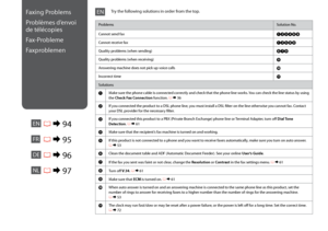 Page 94
Faxing Problems
Problèmes d’envoi 
de télécopies
Fax-Probleme
Faxproblemen
ENR & 94
Problems Solution No.
Cannot send fax ABCDHI
Cannot receive fax ABEHI
Quality problems (when sending) FGI
Quality problems (when receiving) I
Answering machine does not pick up voice calls J
Incorrect time K
Solutions
A Make sure the phone cable is connected correctly and check that the phone line works. You can check the line status by using 
the Check Fax Connection function. R & 

36
B If you connected the...