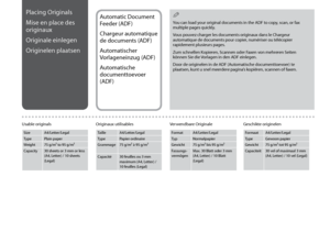 Page 24
Placing Originals
Mise en place des 
originaux
Originale einlegen
Originelen plaatsen
Usable originals
Size A4/Letter/Legal
Type Plain paper
Weight 75 g/m² to 95 g/m²
Capacity 30 sheets or 3 mm or less  (A4, Letter) / 10 sheets 
(Legal)
Automatic Document 
Feeder (ADF)
Chargeur automatique 
de documents (ADF)
Automatischer 
Vorlageneinzug (ADF)
Automatische 
documenttoevoer 
(ADF)You can load your original documents in the ADF to copy, scan, or fax 
multiple pages quickly.
Vous pouvez charger...