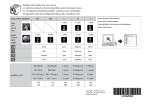 Page 108
Copyright © 2010 Seiko Epson Corporation. All rights reserved.Printed in XXXXXX
Stylus Office BX320FWBK1BK2CMY
StagCerfHirschHert
T1302T1303T1304
ApplePommeApfelAppel
T1291T1291T1292T1293T1294
ENBlackCyanMagentaYellow
FRNoirCyanMagentaJaune
DESchwarzCyanMagentaGelb
NLZwartCyaanMagentaGeel
Available ink cartridge sizes vary by area.
Les tailles des cartouches d’encre disponibles varient d’un pays à l’autre.
Die verfügbaren Tintenpatronengrößen variieren je nach Land/Region.
De capaciteit waarin de...