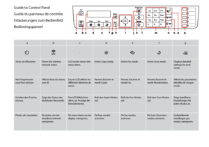 Page 12
1

Guide to Control Panel
Guide du panneau de contrôle
Erläuterungen zum Bedienfeld
Bedieningspaneel
abcdefg
P-rKux
Turns on/off printer.Shows the wireless network status.LCD screen shows the menu items.Enters Copy mode.Enters Fax mode.Enters Scan mode.Displays detailed settings for each mode.
Met l’imprimante sous/hors tension.Affiche l’état du réseau sans fil.L’écran LCD affiche les différents éléments du menu.
Permet d’activer le mode Copie.Permet d’activer le mode Fax.Permet d’activer le mode...